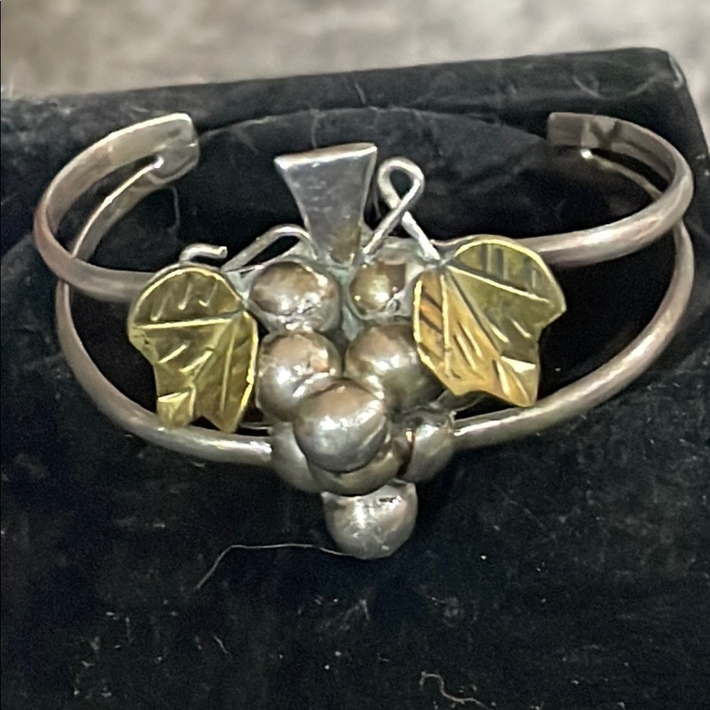 Vintage brass sterling silver grape leaf cluster cuff bracelet